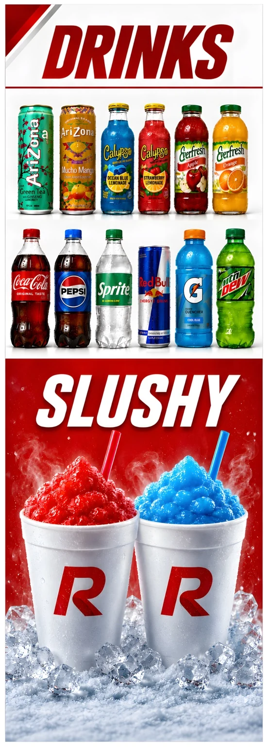 Rosedale Mart drinks and slushy graphic featuring AriZona®, Calypso®, Everfresh®, Coca-Cola®, Pepsi®, Sprite®, Red Bull®, Gatorade® and Mountain Dew®