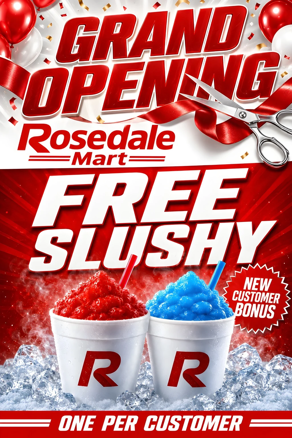 Rosedale Mart grand opening free slushy promotion with red and blue slushies