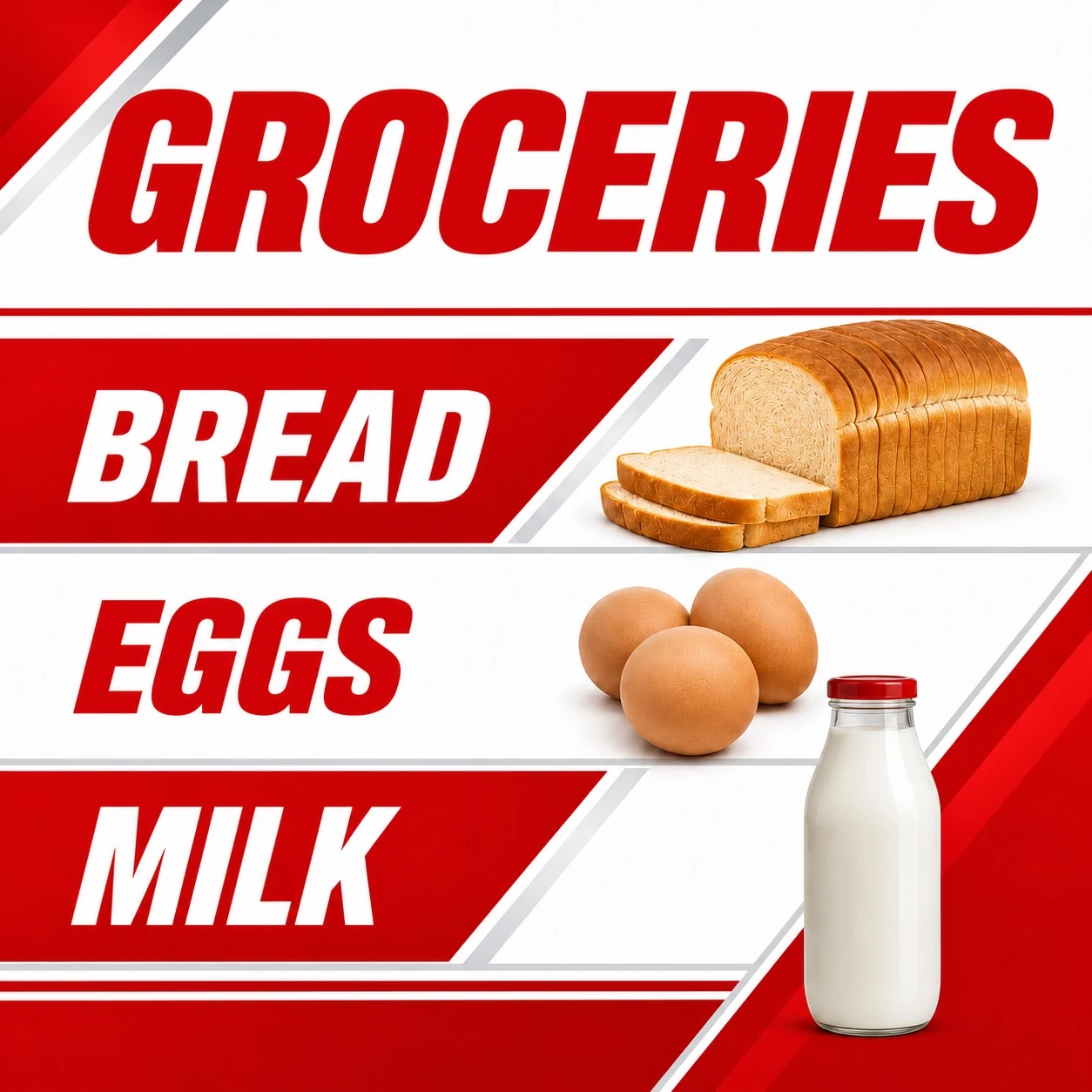 Rosedale Mart groceries including sliced bread eggs and milk