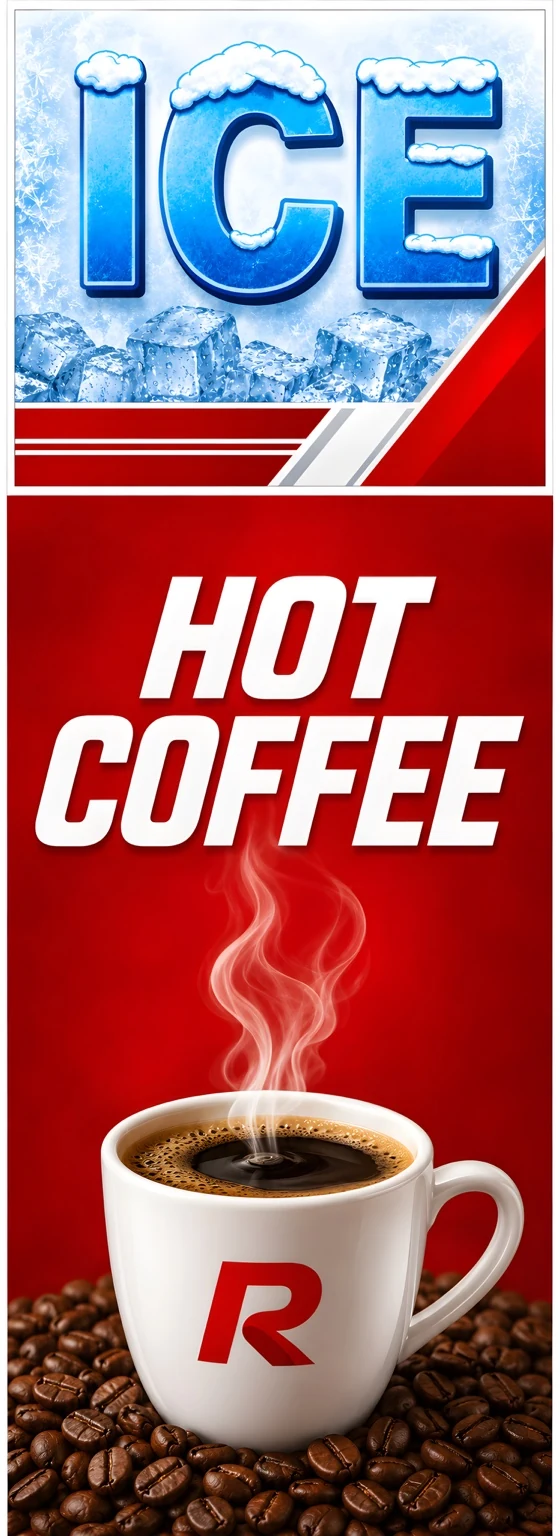 Rosedale Mart bagged ice and hot coffee graphic