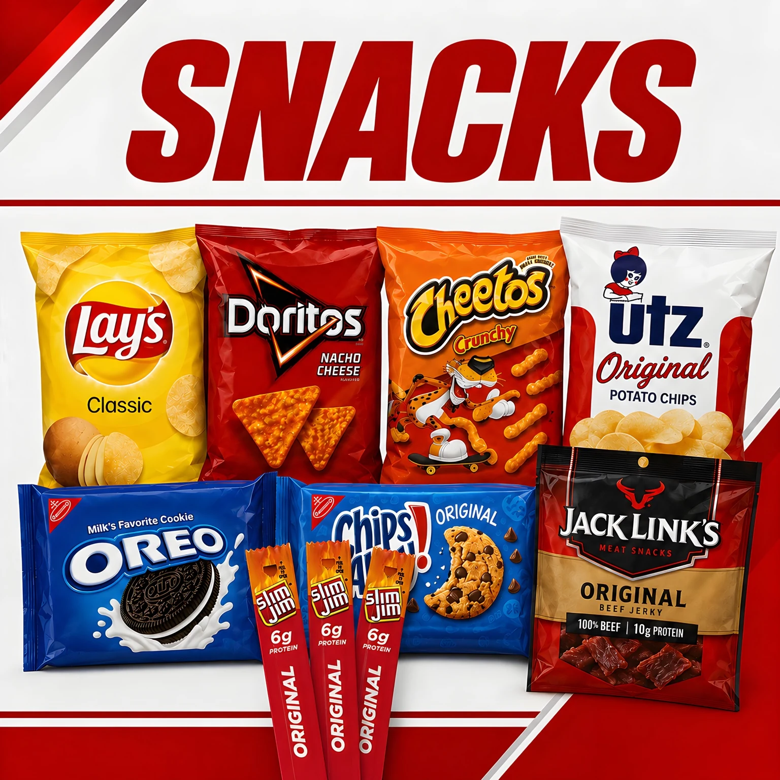 Popular snacks including Lay's, Doritos®, Cheetos®, Utz®, Oreo®, Chips Ahoy, Slim Jim® and Jack Link's